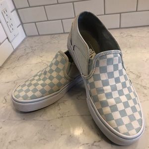 Blue checkered slip on vans